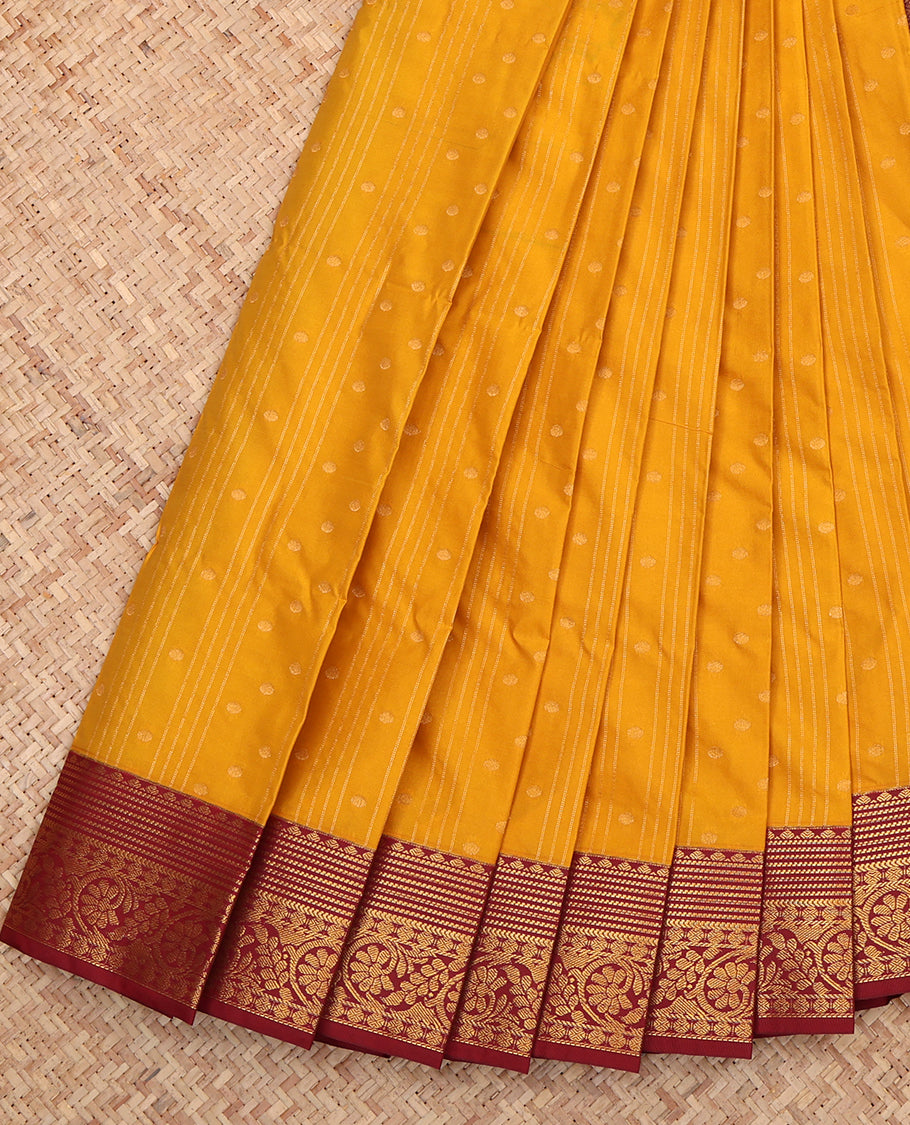 Yellow Budget Silk Saree, Sparsely Threaded with Buttas and Stripes, a Contrast Traditional Zari Border, Grand Pallu, and a Contrast Blouse