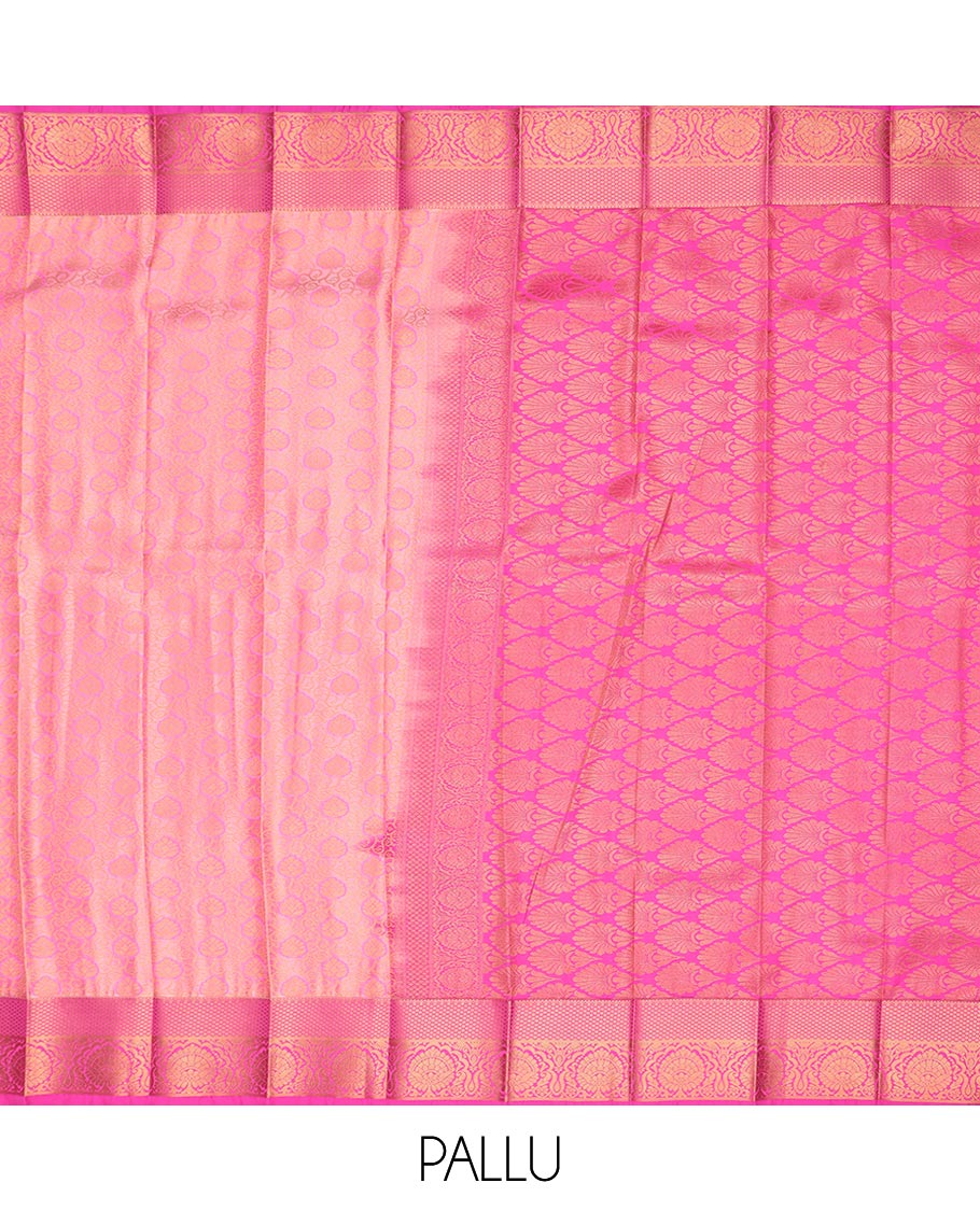 Pink jacquard gift saree, contrast traditional zari border, and intricate zari design weave pallu