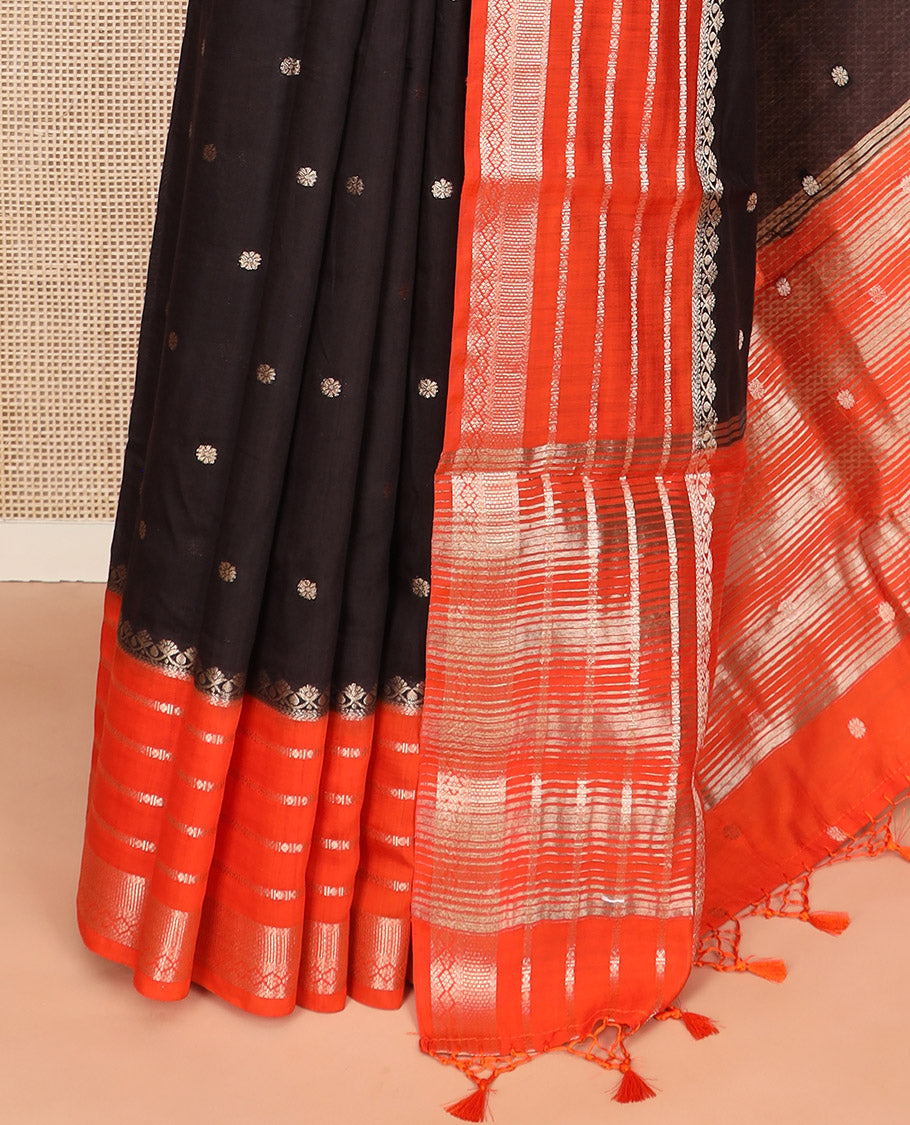 Black floral buttas Assam silk saree, contrast traditional zari design border, and pallu of zari stripes