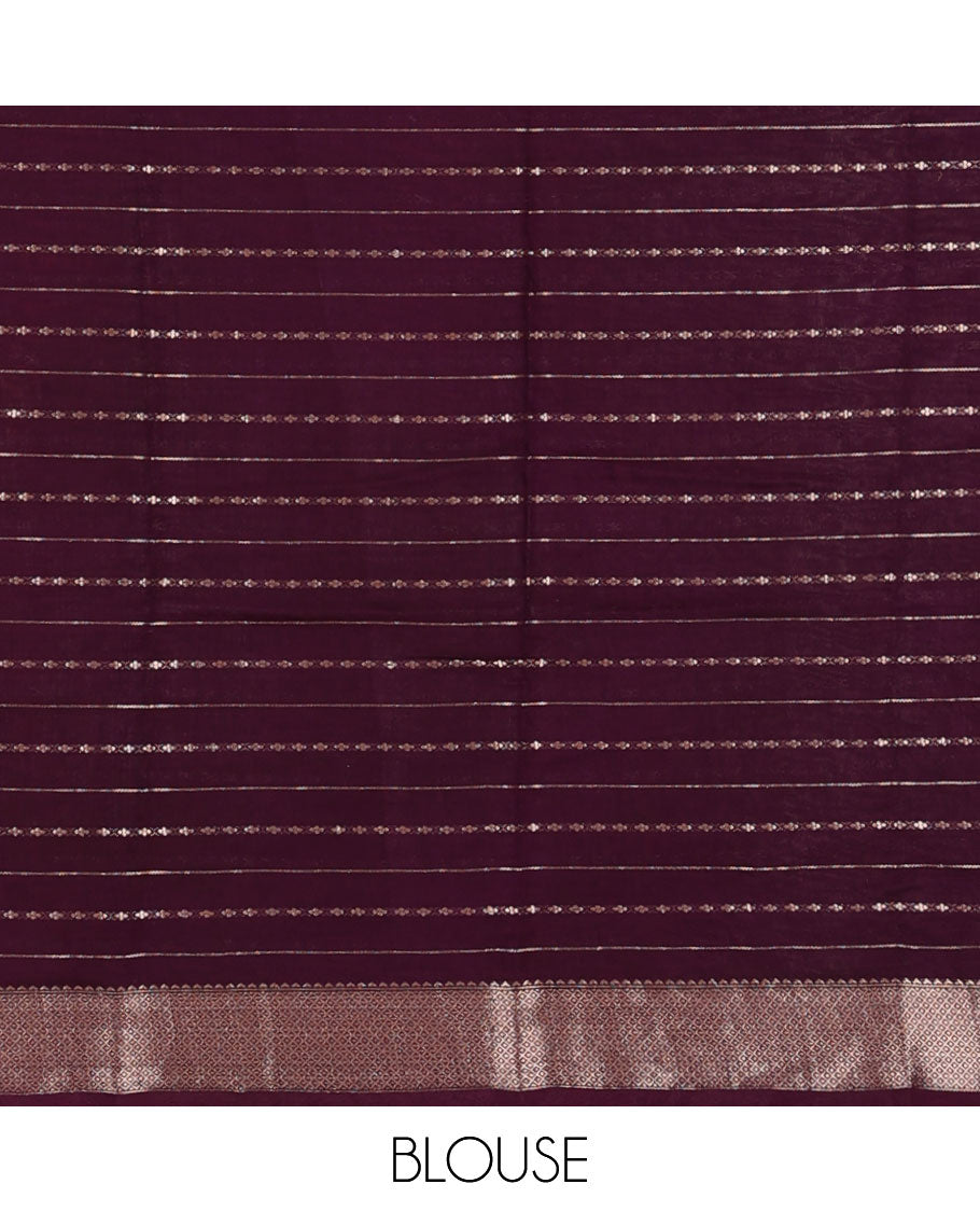 Apple red horizontal striped Assam silk saree, contrast traditional zari border, and zari striped pallu