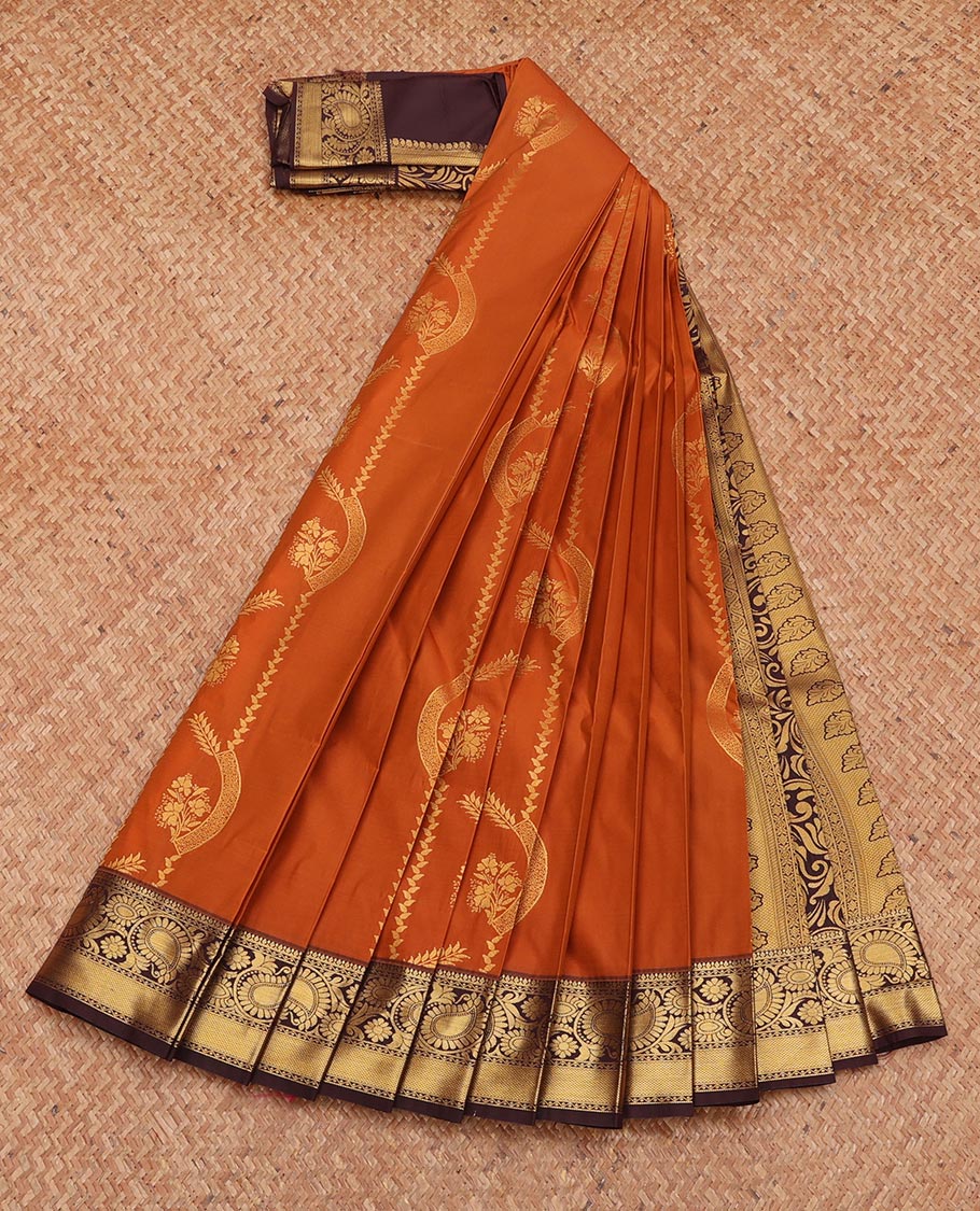 Orange Budget Silk Saree, Mesmerized with Zari Buttas, Complemented by Contrast Traditional Zari Border, Grand Pallu, and Contrast Blouse