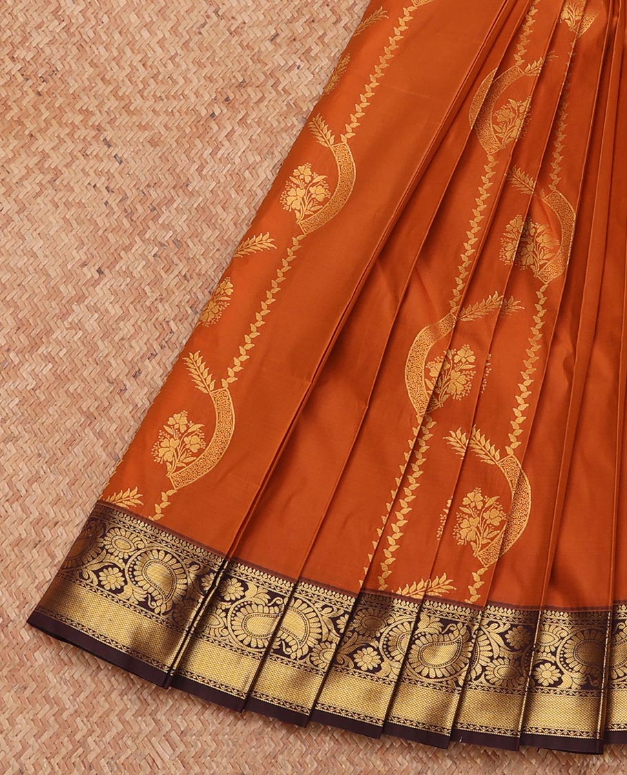 Orange Budget Silk Saree, Mesmerized with Zari Buttas, Complemented by Contrast Traditional Zari Border, Grand Pallu, and Contrast Blouse