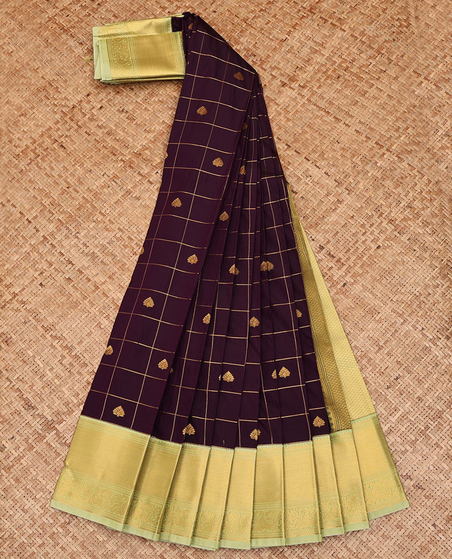 Dark Purple Budget Silk Saree, Embellished with Zari Butta Enclosed Checks All Over Its Body, Complemented by a Contrast Traditional Zari Border of Peacocks, Subtly Sparkled Pallu, and Paired with a Contrast Blouse