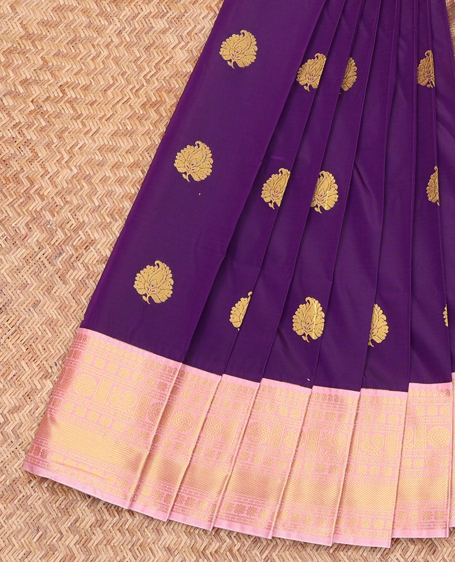 Violet Budget Silk Saree, Detailed with Zari Buttas, Contrast Traditional Zari Border, Grand Pallu, and a Contrast Blouse