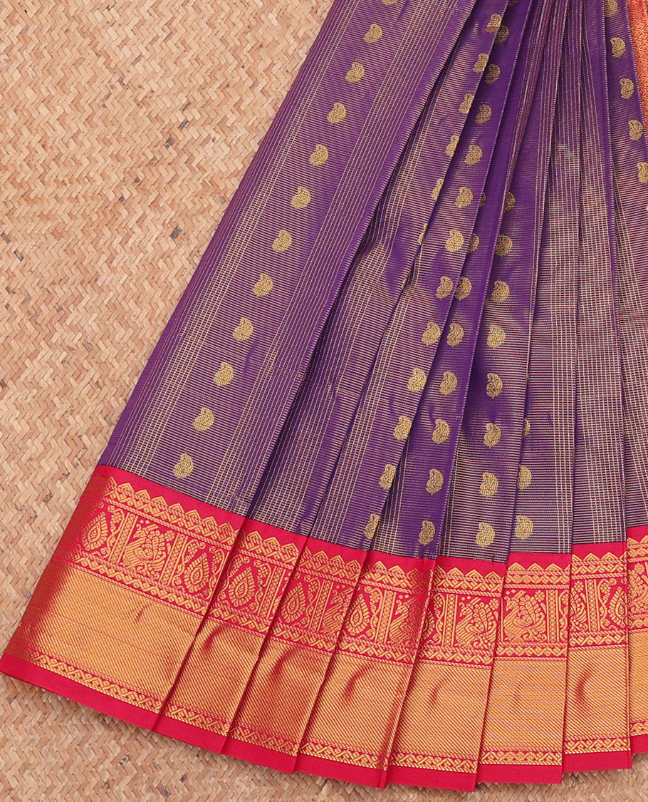 Violet Budget Silk Saree, Elevated with Zari Buttas and Stripes, Complemented by a Contrast Traditional Zari Border, Grand Pallu, and a Contrast Blouse
