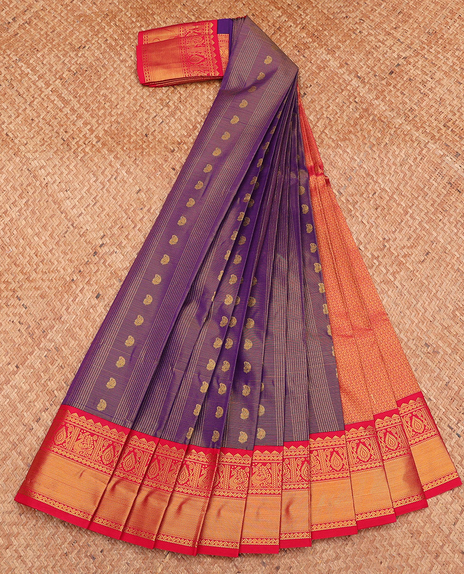 Violet Budget Silk Saree, Elevated with Zari Buttas and Stripes, Complemented by a Contrast Traditional Zari Border, Grand Pallu, and a Contrast Blouse