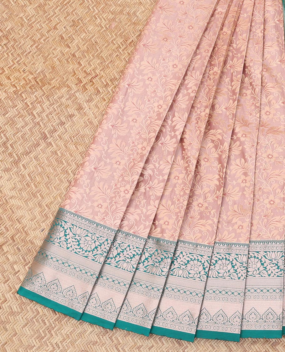 Pale Pink Budget Silk Saree, Enriched with Zari Buttas, Complemented by Contrast Traditional Zari Border, a Grand Jaal Pallu and a Contrast Blouse