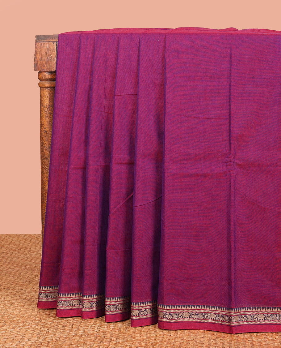Magenta Plain Narayanpet Cotton Saree, Complemented by a Contrast Traditional Thread Border of Peacock and Elephant Designs, Vibrantly Striped Pallu, and Paired with a Matching Blouse