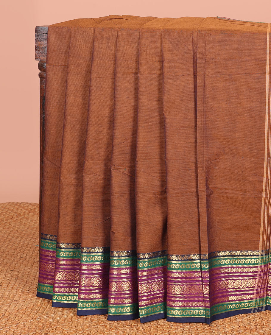 Brown Plain Chettinad Cotton Saree, Complemented by a Contrast Traditional Zari Design Woven Border, and a Pallu of Stripes