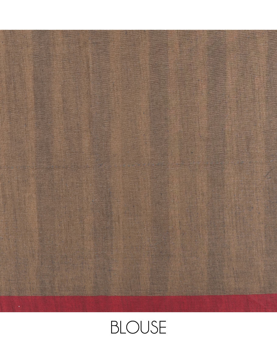 Brown and sandal striped jute cotton saree, contrast striped border, and striped pallu