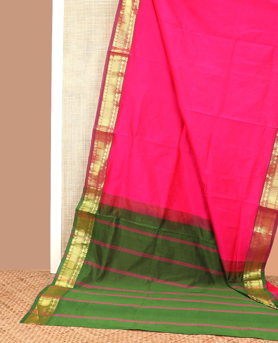 Pink plain poly cotton saree, traditional zari border, and contrast striped pallu