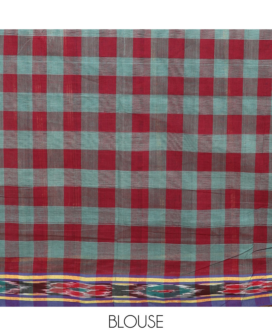 Multi-color checked mixed cotton saree, contrast ikkat border, and striped pallu