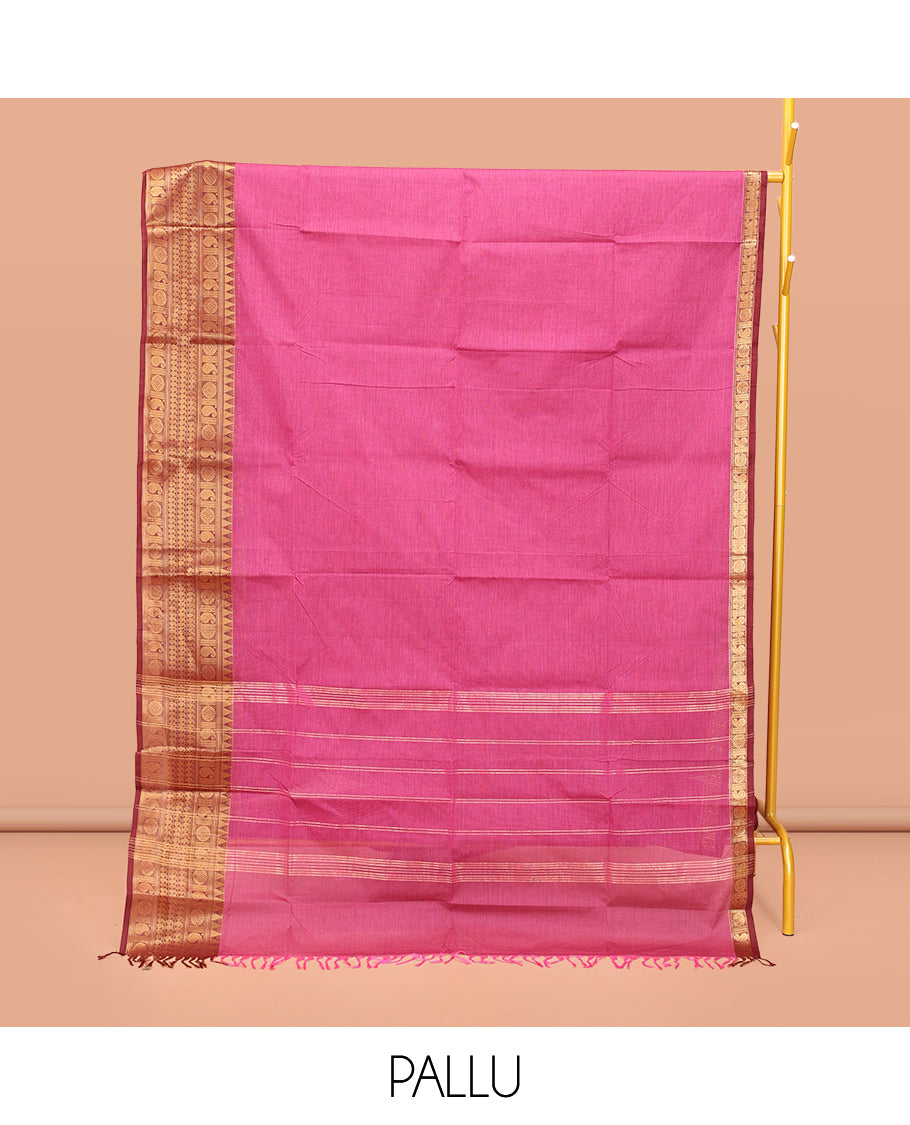 Pink Plain Chettinad Cotton Saree, Complemented by a Contrast Traditional Zari Design Border, Pallu of Stripes, and Paired with a Matching Blouse