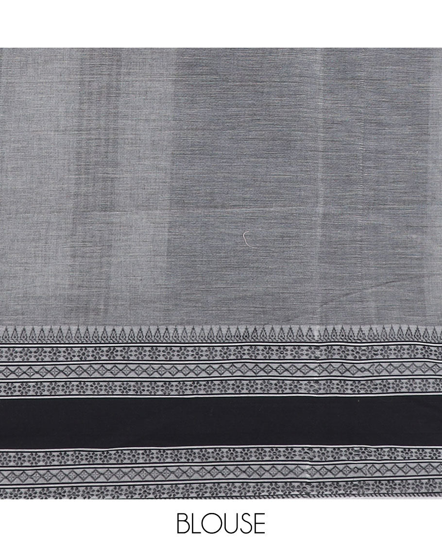 Pure white plain design Kadhi cotton saree, traditional design thread woven grey border & striped pallu