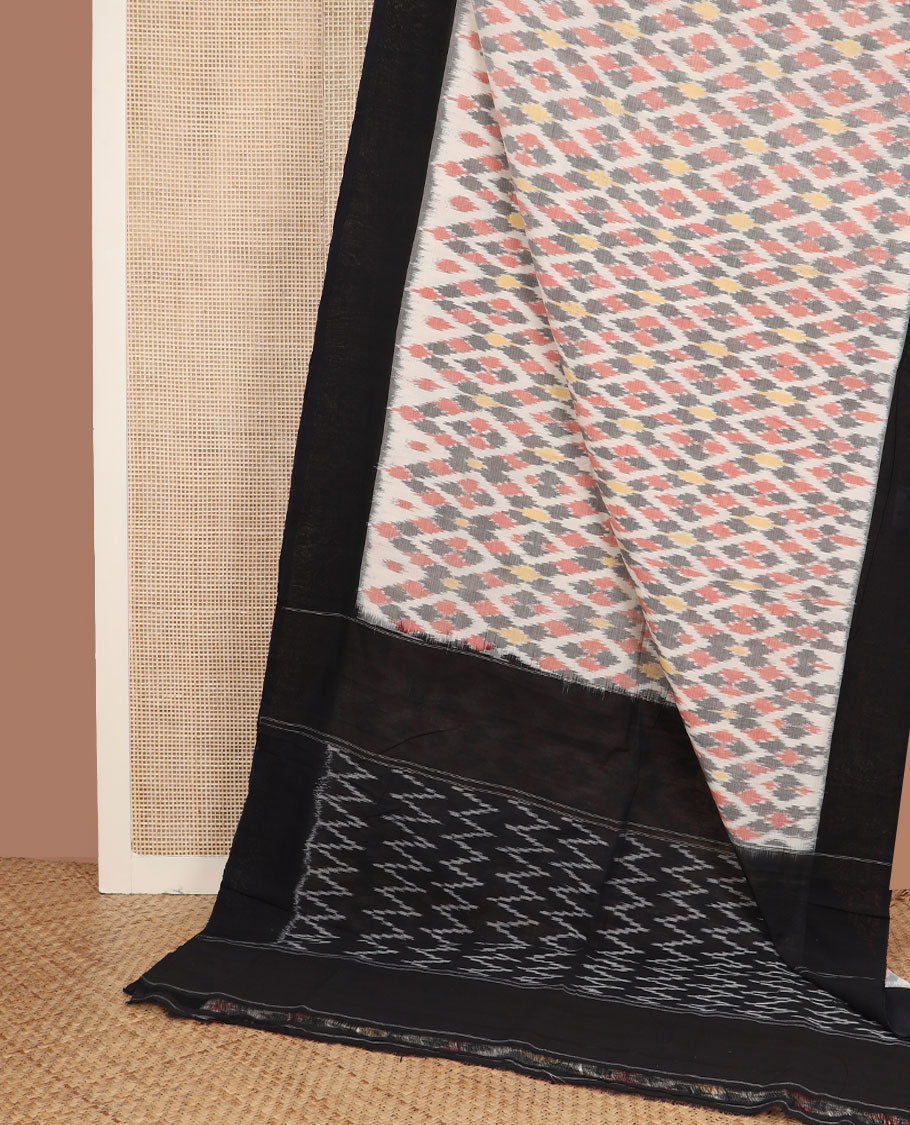 Cream-base multi-color jaal-patterned ikkat cotton saree, contrast plain border & chevron striped pallu