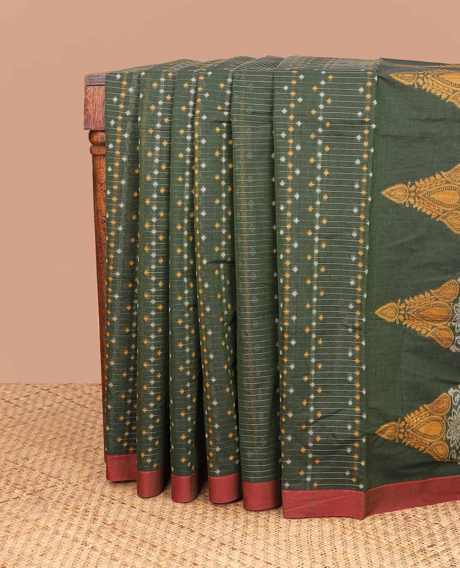 Dark green geometric design coimbatore cotton saree with contrast border & floral design pallu