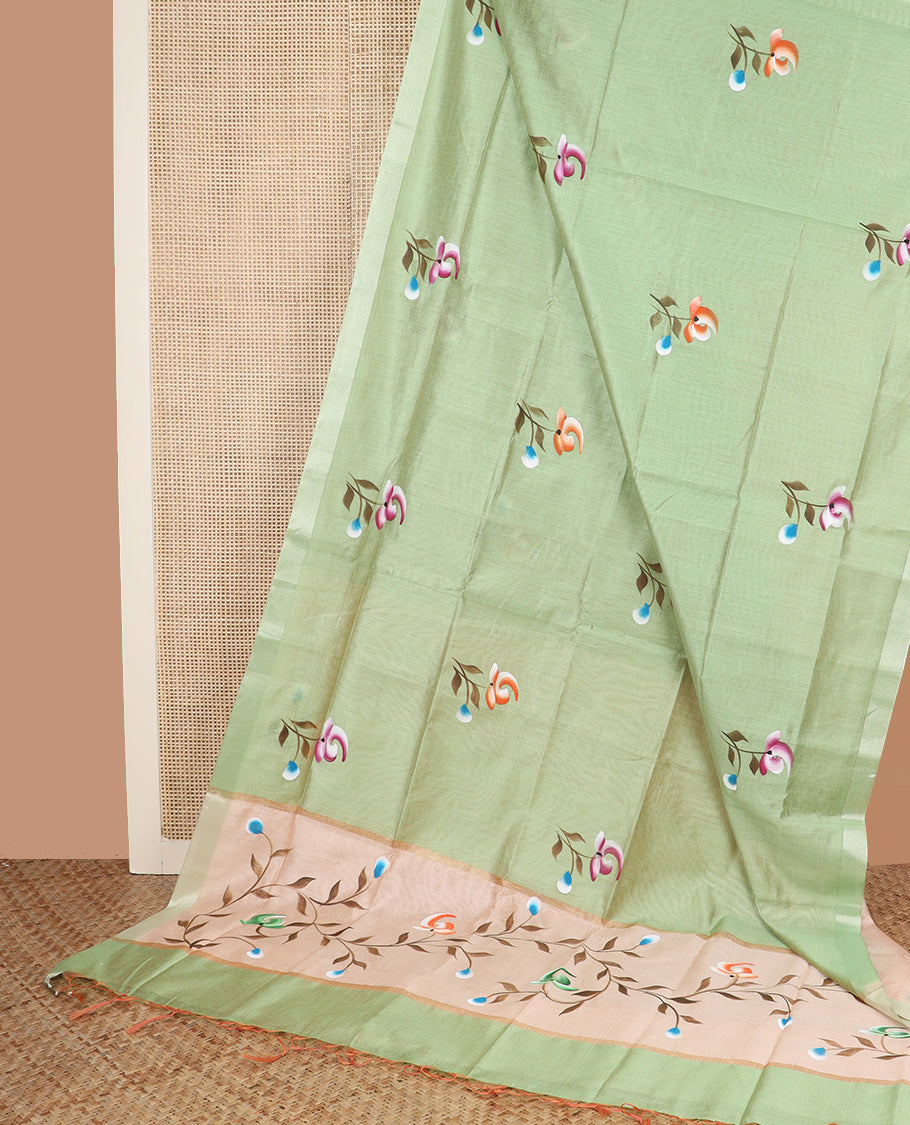 Green hand brush painting style floral motifs printed chirala cotton saree, plain border, and contrast floral printed pallu