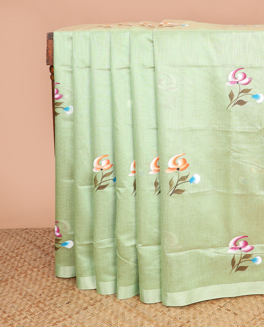Green hand brush painting style floral motifs printed chirala cotton saree, plain border, and contrast floral printed pallu