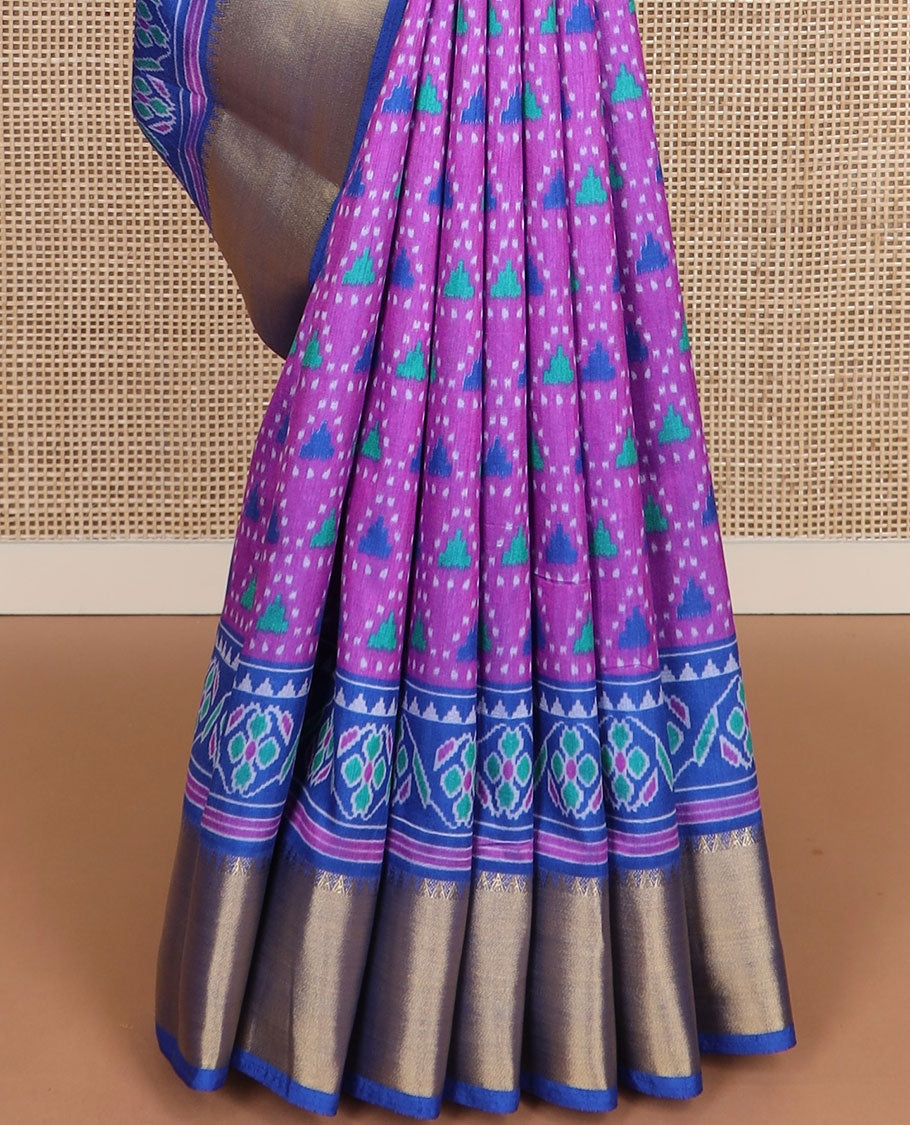 Pink triangle motifs patola silk saree, contrast temple zari border of floral creeper designs, and pallu of floral designs