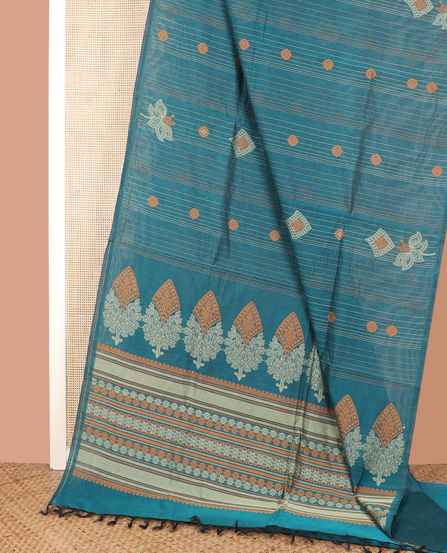 Borderless Peacock Blue Coimbatore Cotton Saree Prettified with Intricate Buttas All Over Its Body, Pallu Pictures Intricate Patterns, and Paired with a Plain Matching Blouse