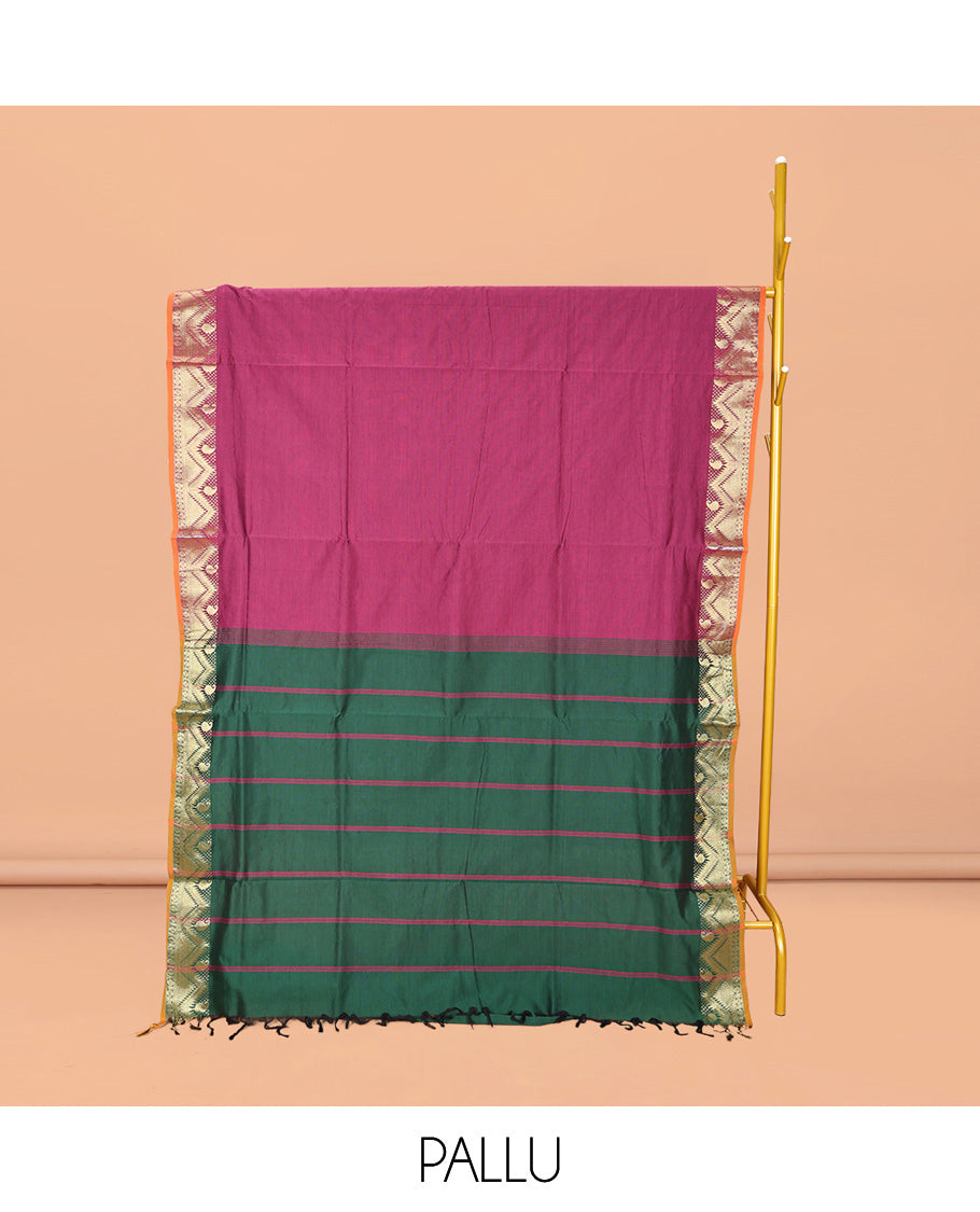 Purple Plain Poly Cotton Saree, Complemented by Contrast Traditional Zari Design Border, Pallu of Stripes, and Paired with a Contrast Blouse