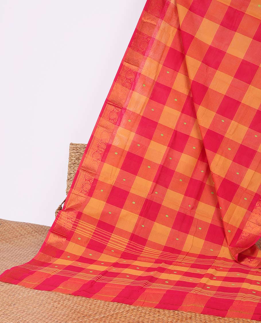 Orange-Red butta enclosed checked Chettinad cotton saree, traditional zari design border & striped pallu