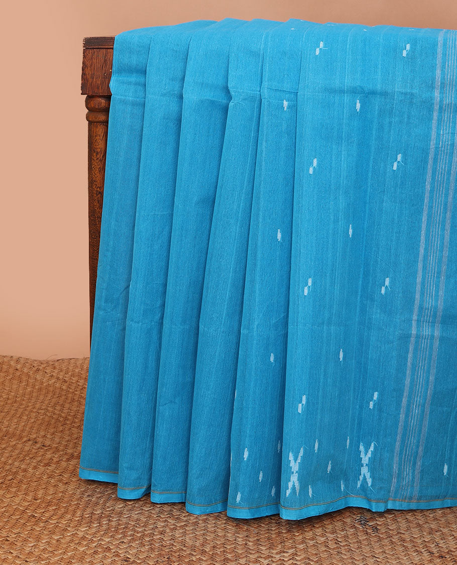 Borderless sky blue buttas bengal cotton saree, self-pallu of stripes & buttas