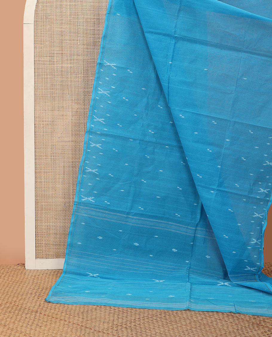 Borderless sky blue buttas bengal cotton saree, self-pallu of stripes & buttas