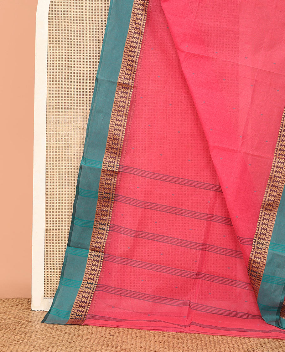 Pink Bengal Cotton Saree, a Contrast Traditional Border, Striped Pallu, and No Blouse