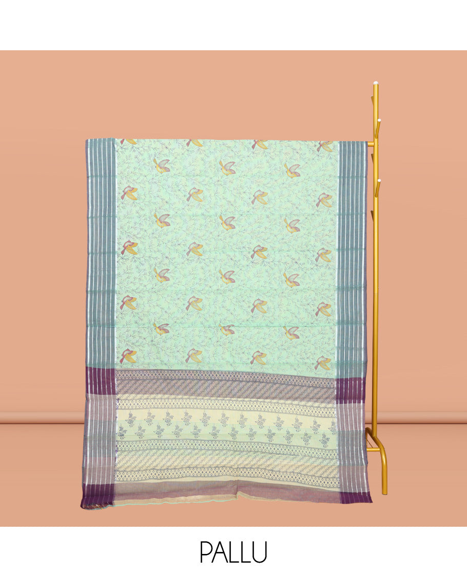 Sea Green Chirala Cotton Saree, Accentuated with Floral-Bird Print, a Contrast Border, Printed Pallu, and a Matching Blouse