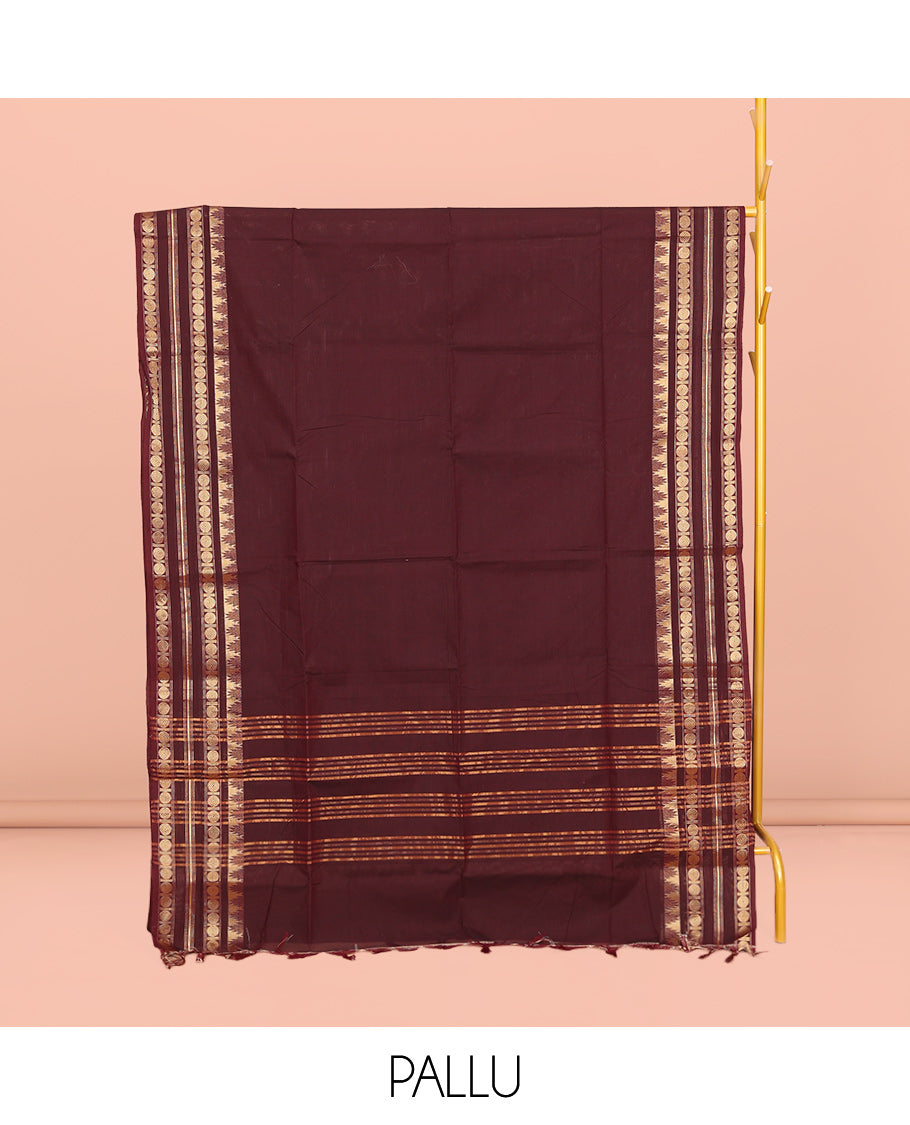 Maroon Plain Chettinad Cotton Saree, Highlighted by Temple Varisai Pettu Traditional Border, Striped Pallu, and a Matching Blouse