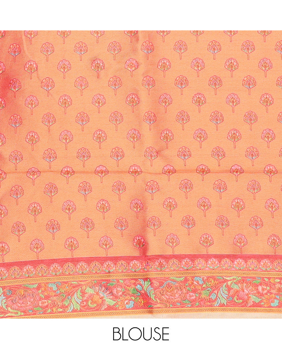 Sandal lehariya-style and round buttas printed dola silk saree, contrast kaleidoscopic-colored intricate pallu
