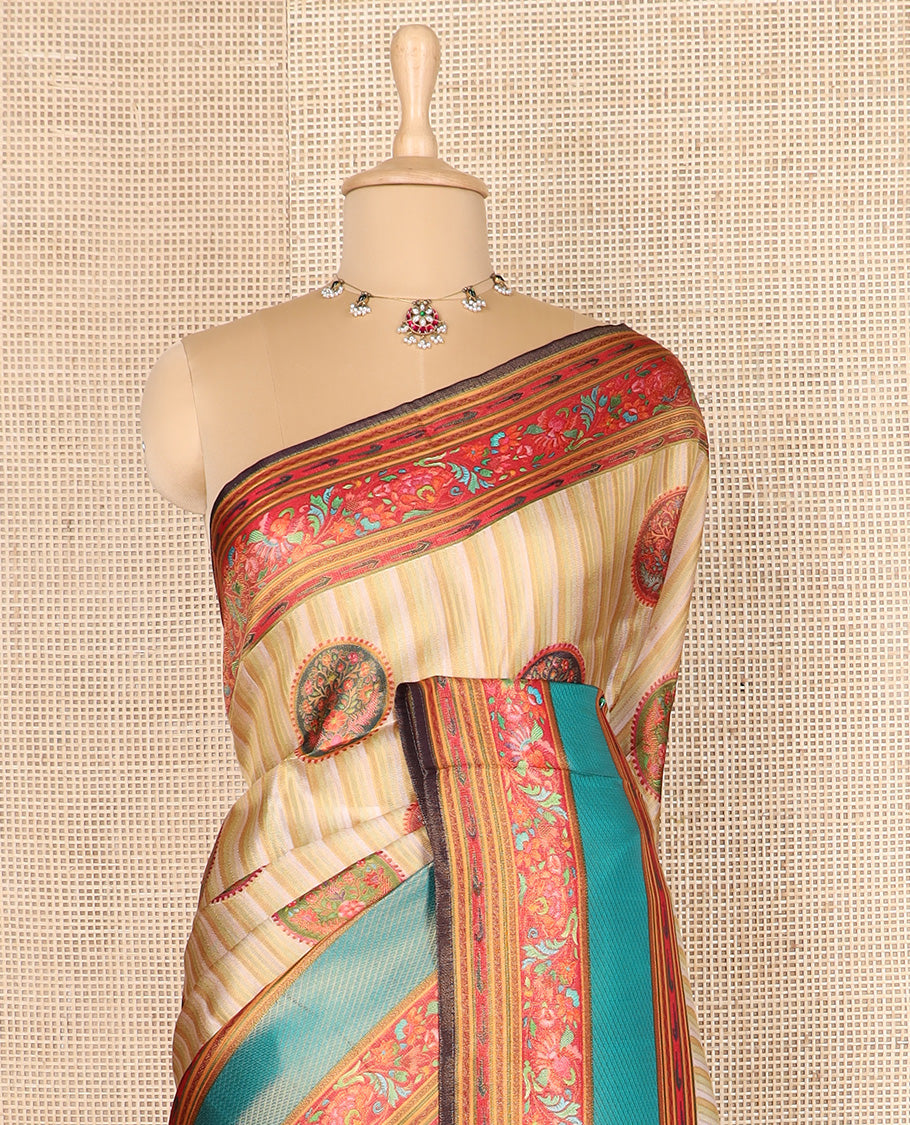 Sandal lehariya-style and round buttas printed dola silk saree, contrast kaleidoscopic-colored intricate pallu