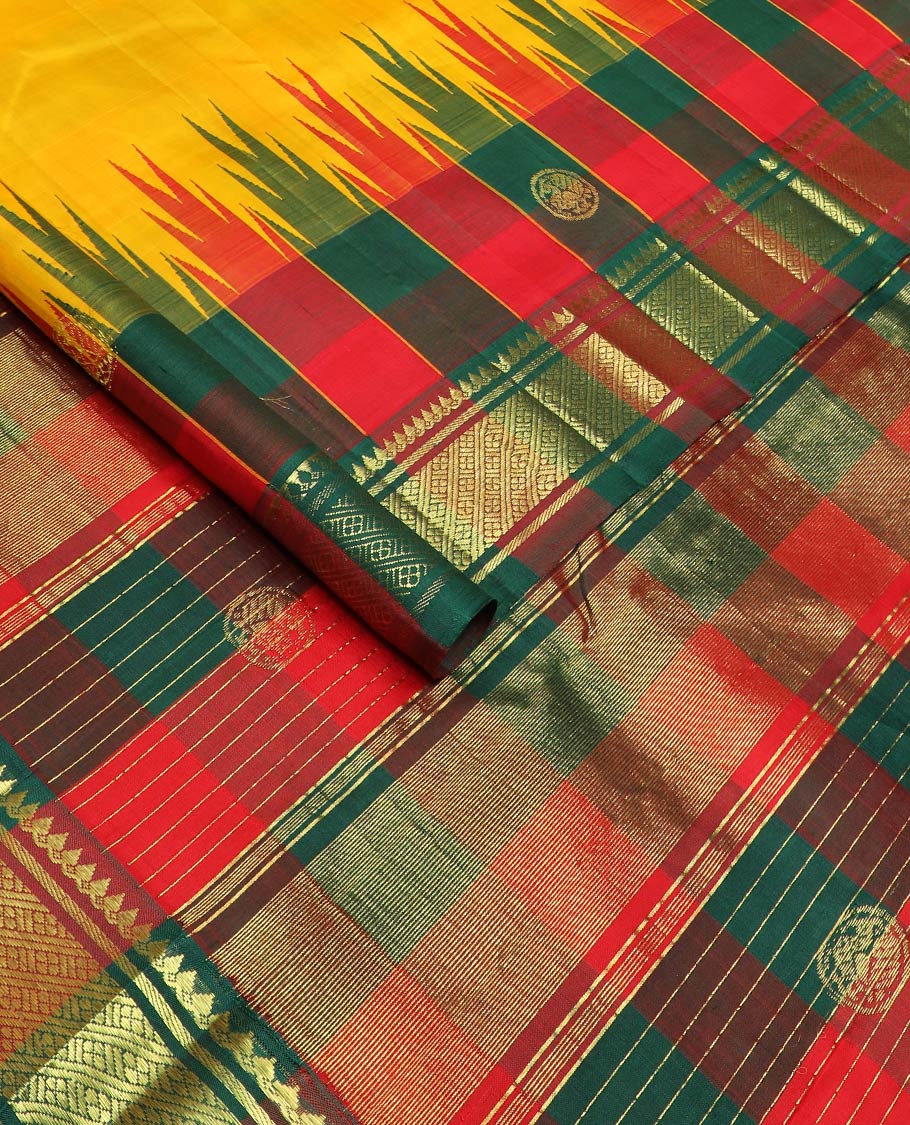 Yellow zari buttas kanchipuram silk saree, contrast one-sided checked thazampoo rekku round mayil zari border & zari woven pallu