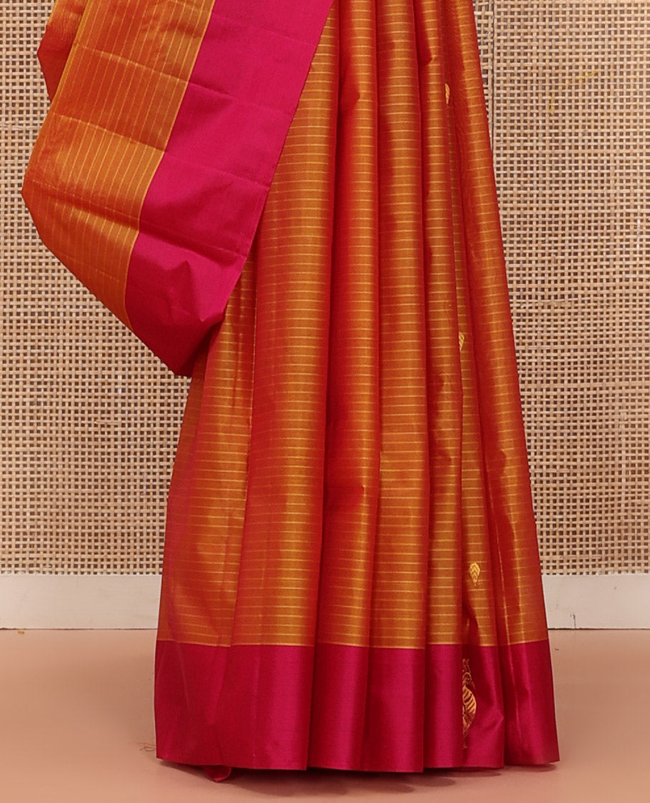 Orange Kanchipuram Silk Saree Prettified with Vazhaipoo Stripes and Zari Buttas, Complemented by Contrast Border Featuring Mayil Motifs, Sparsely Zari Woven Pallu, and Paired with a Contrast Blouse