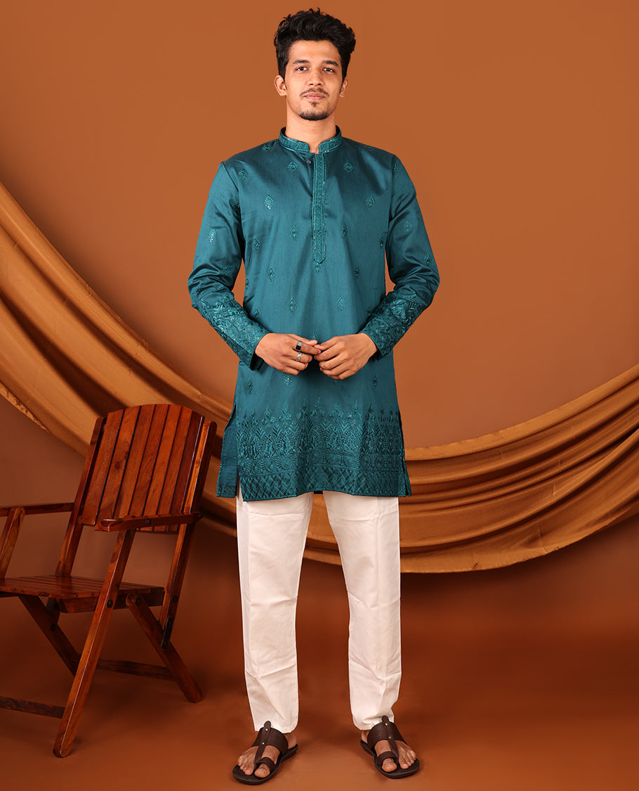 Peacock Blue Sequins and Thread Intricately Embroidered Full-Sleeved Men's Kurta