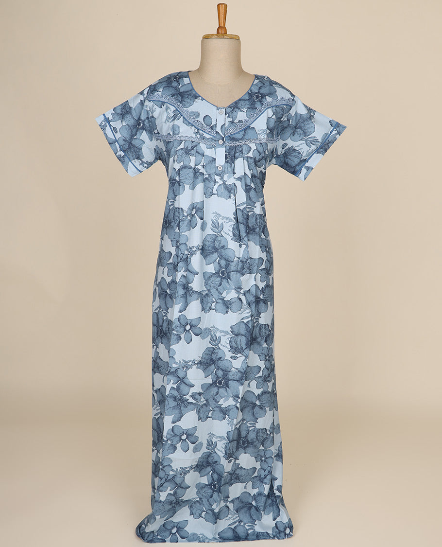 Light blue floral printed & square neck cotton half-sleeve nighty
