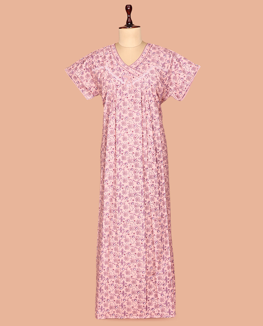 Pink V Neck Cotton-Blended Nighty