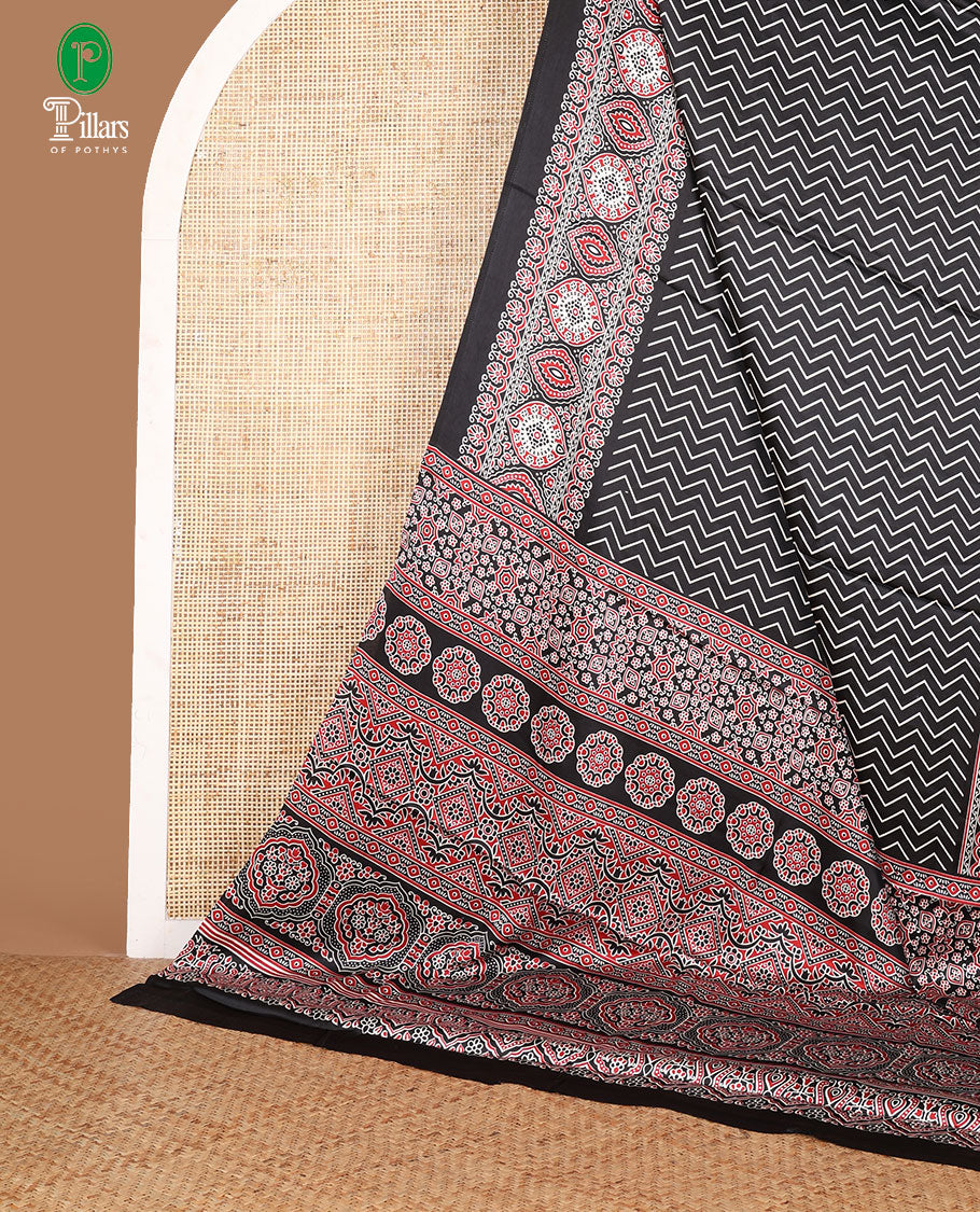 Black zig zag digital printed design gajji silk saree with ajrak printed border & ajrak printed pallu along with printed blouse