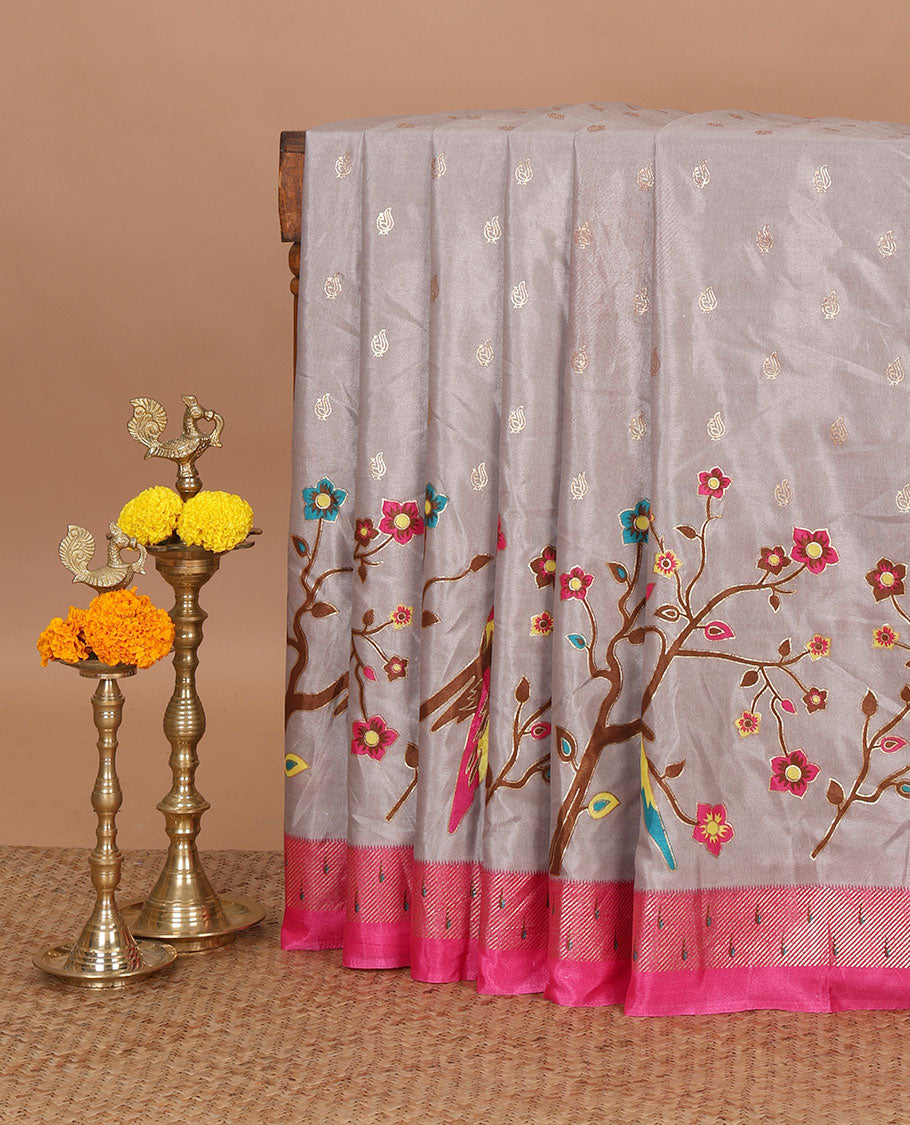 Grey flower and parrot with gold foil peacock printed design dola silk saree, contrast paithani style border & flower and parrot printed pallu along with gold foil prinetd blouse