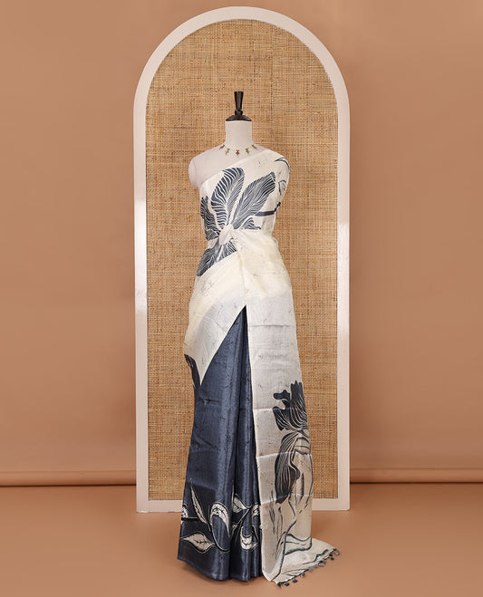 Borderless cream-grey batik-style floral printed khadi cotton saree, printed pallu & printed blouse