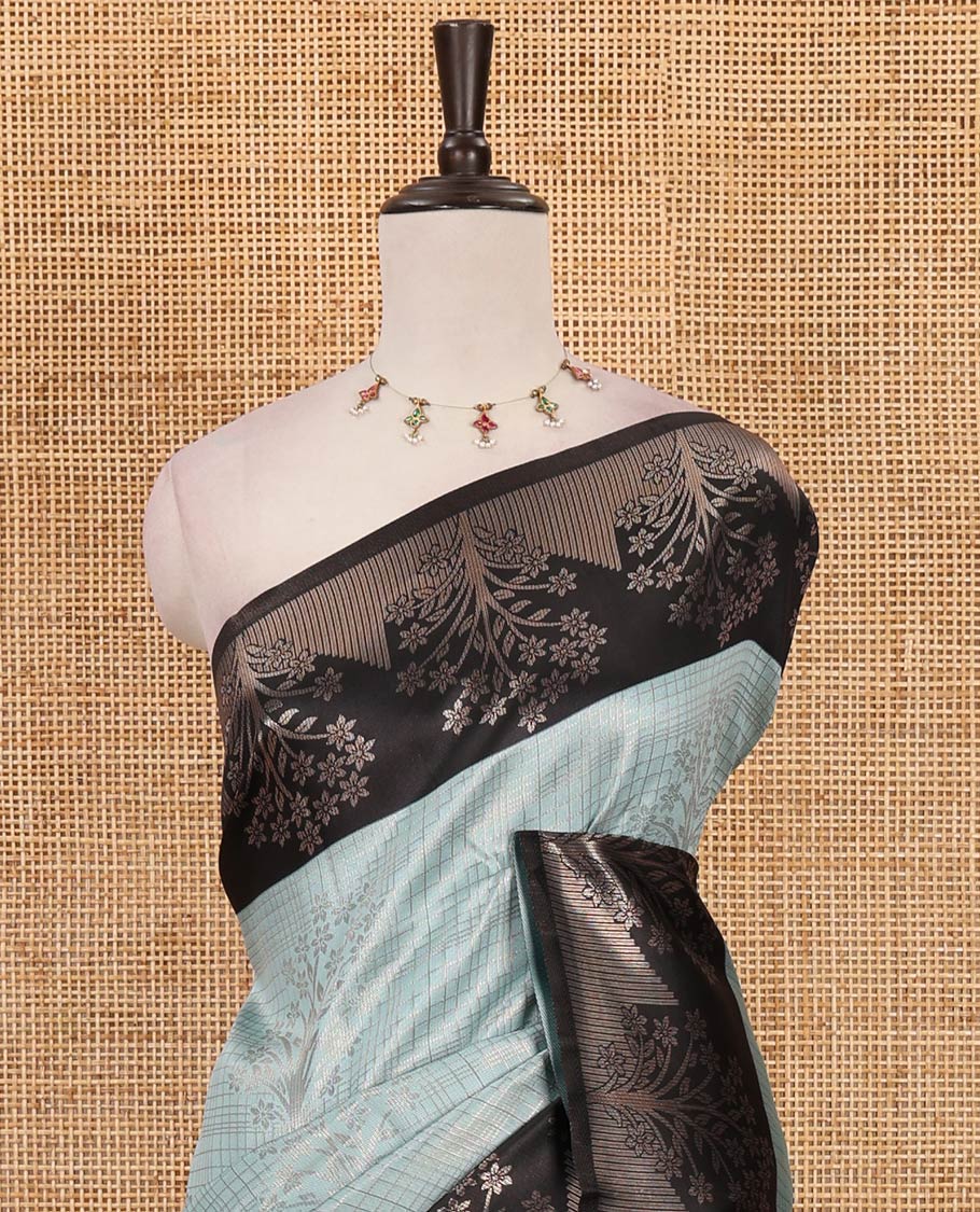 Pastel blue zari checked & floral buttas kanchi silk saree,contrast satin border of floral zari motifs,intrictae pallu & contrast plain blouse