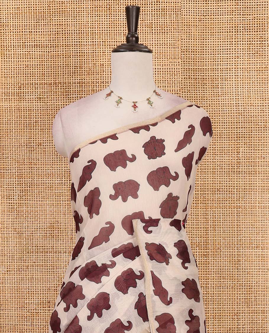 Borderless cream-brown elephant motifs printed linen cotton saree, matching elephant motifs printed blouse