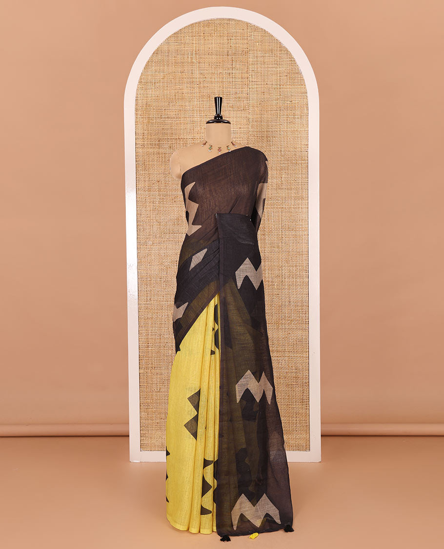 Borderless black-yellow zig-zag stripes half-and-half style printed linen cotton saree with a matching printed blouse