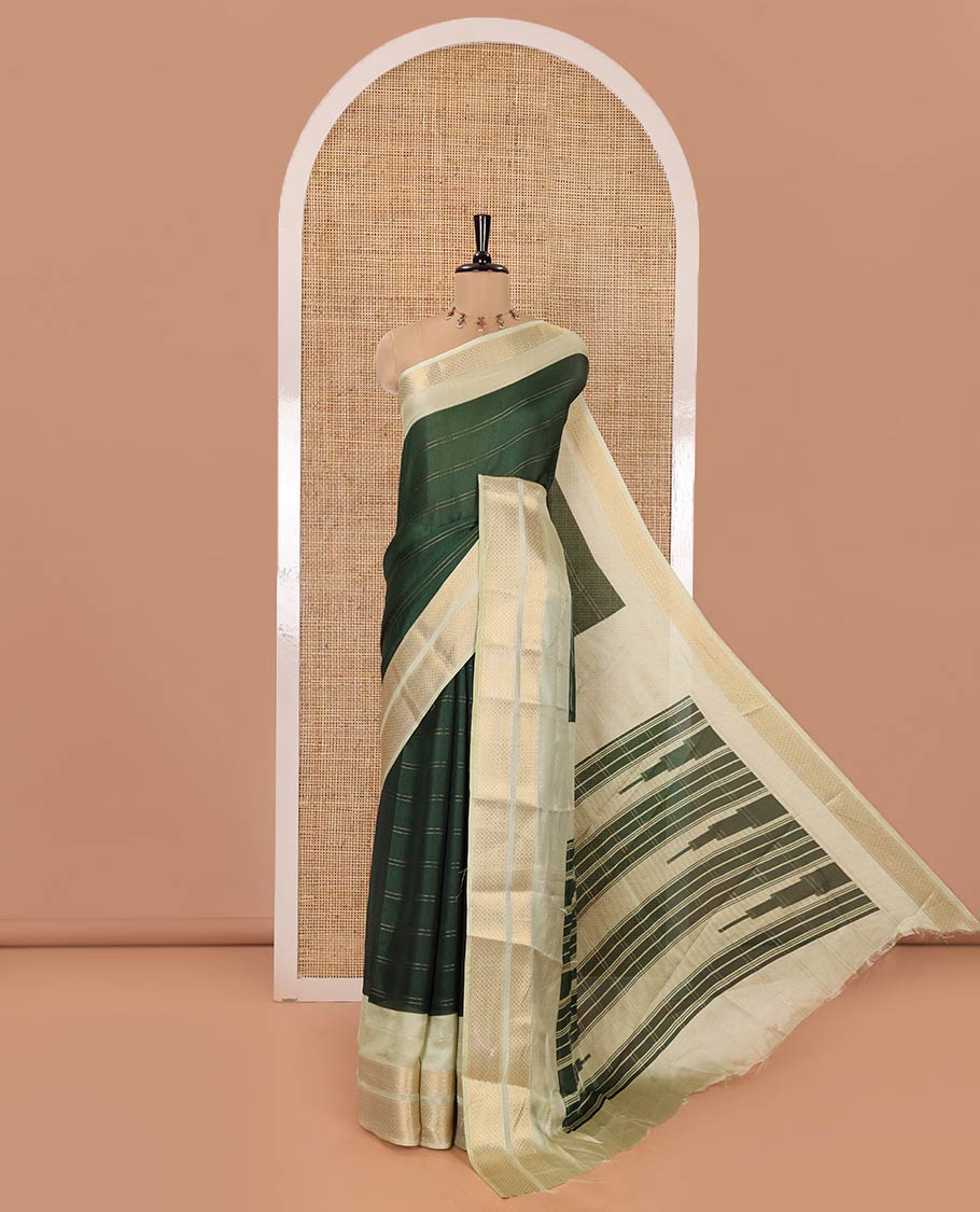 Green Milan Moss Chiffon Saree, Accentuated with Stripes on Its Body, Complemented by a Contrast Geometric-Patterned Zari Border, Pallu of Stripes and Temple Designs, and Paired with a Contrast Blouse