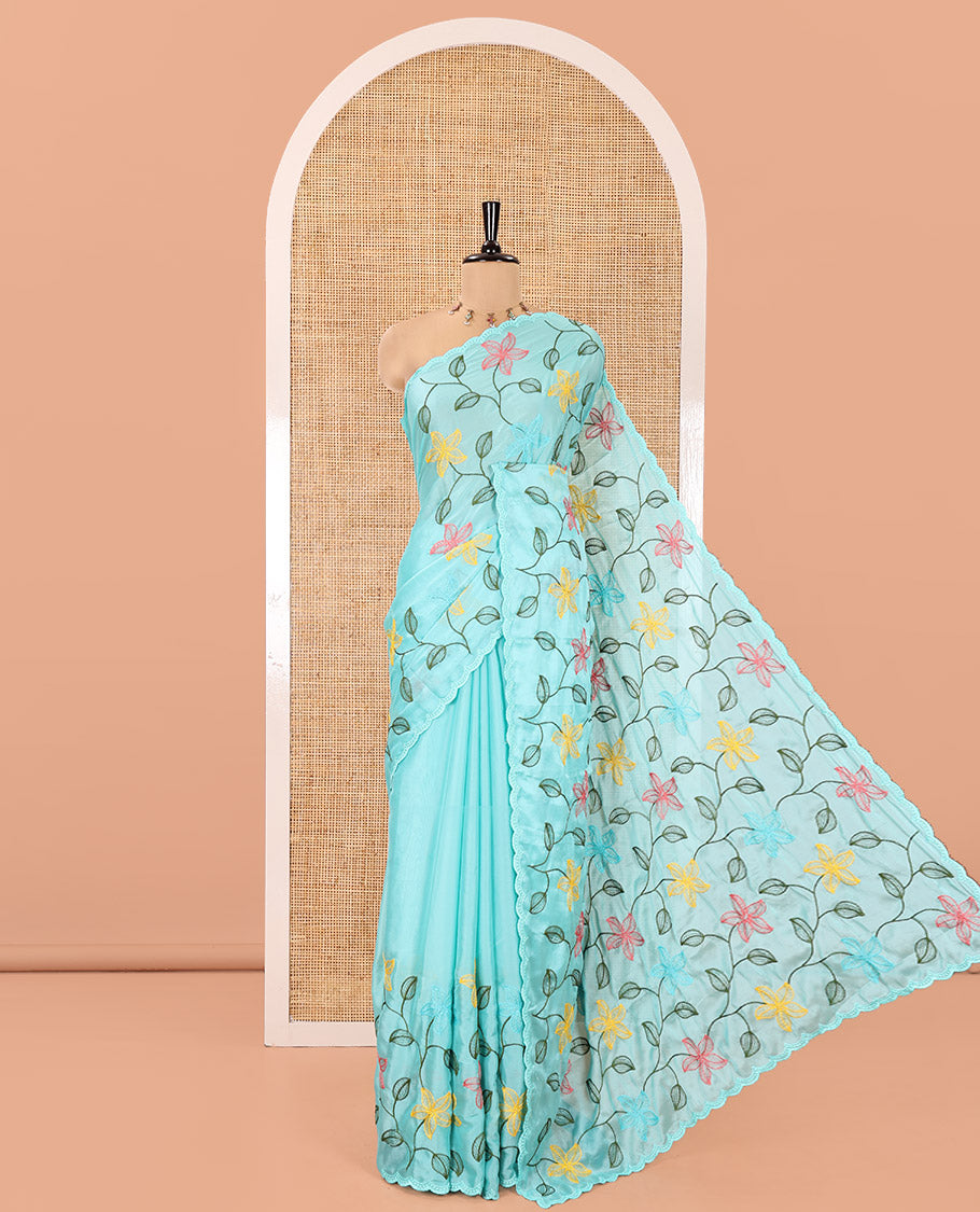Sea Green Rangoli Chiffon Saree, Beautified with Multi-Color Floral Vine Embroidery on Its Body, Floral Embroidered Pallu, and Contrast Floral Embroidered Blouse