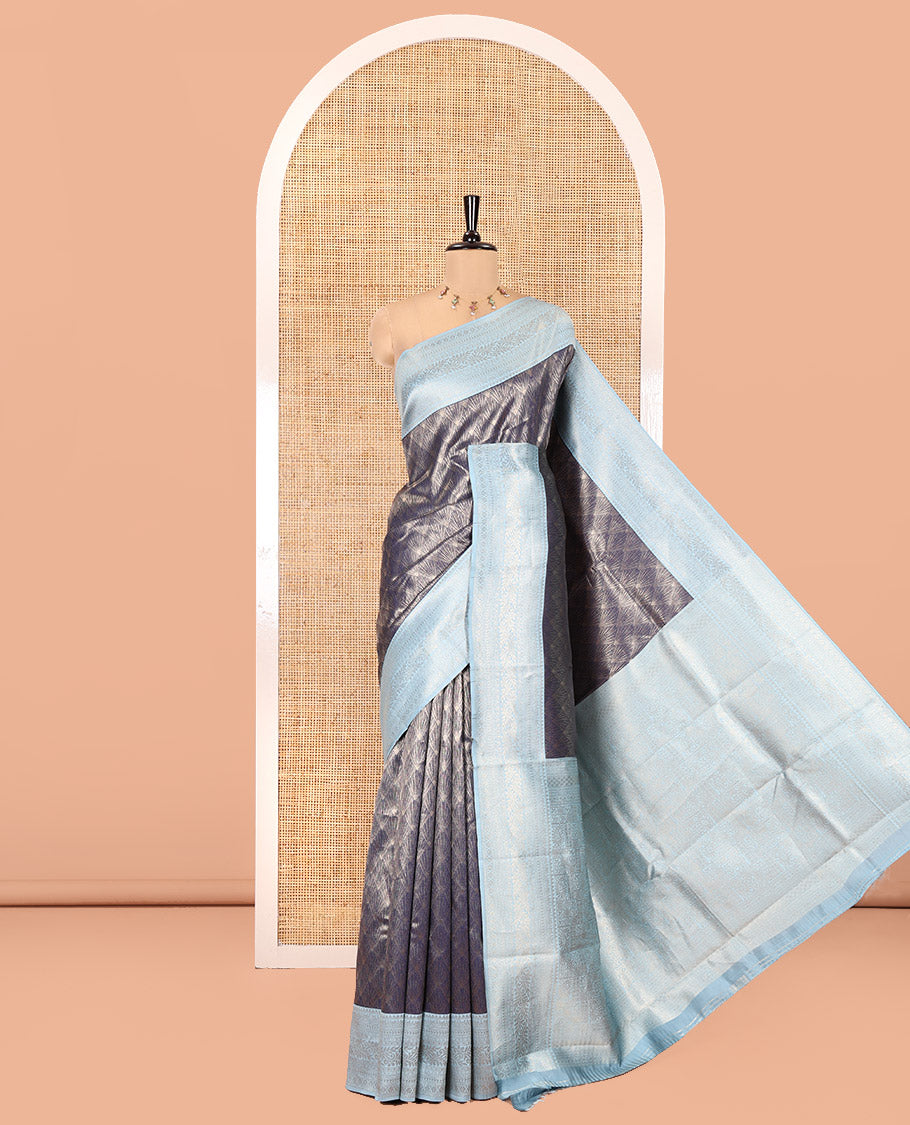 Navy Blue Kanchi Silk Saree, Decked up with Jacquard Design on Its Body, Complemented by a Contrast Traditional Zari Design Border, Sparsely Woven Pallu, and Paired with a Contrast Blouse