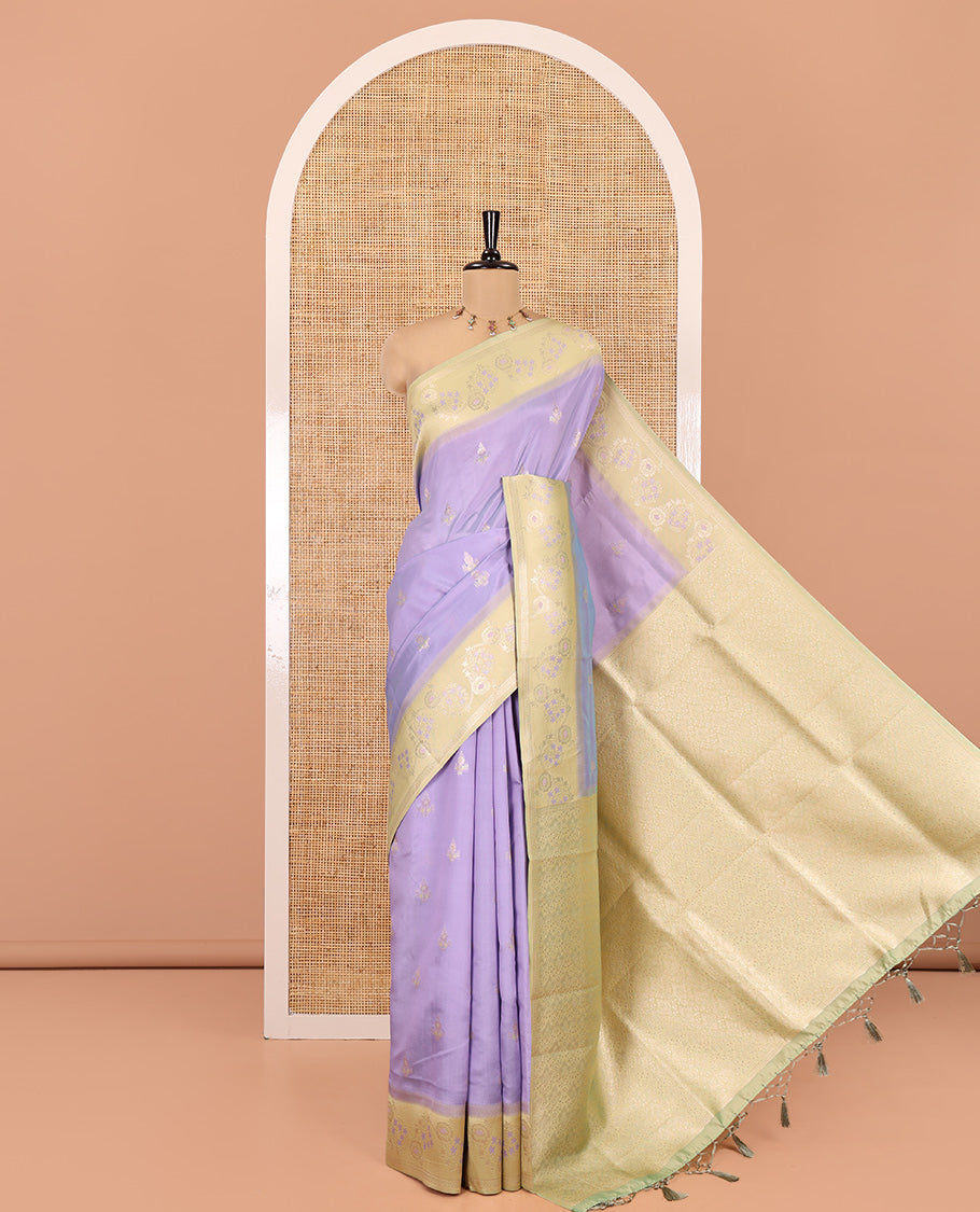 Lavender Elite Soft Silk Saree, Features Zari Buttas, Contrast Meenakari Floral Creeper Zari Border, Intricately Woven Pallu and a Contrast Blouse