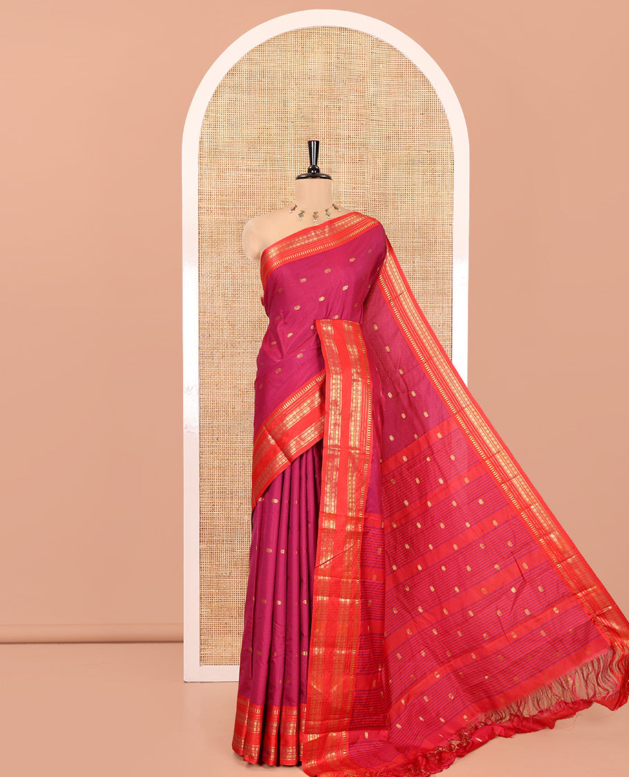 Magenta Softy Silk Saree, Embellished with Zari Buttas, Contrast Traditional Rettai Pettu Border, and a Contrast Blouse