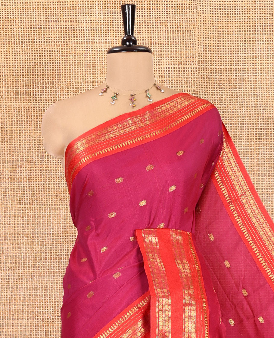 Magenta Softy Silk Saree, Embellished with Zari Buttas, Contrast Traditional Rettai Pettu Border, and a Contrast Blouse